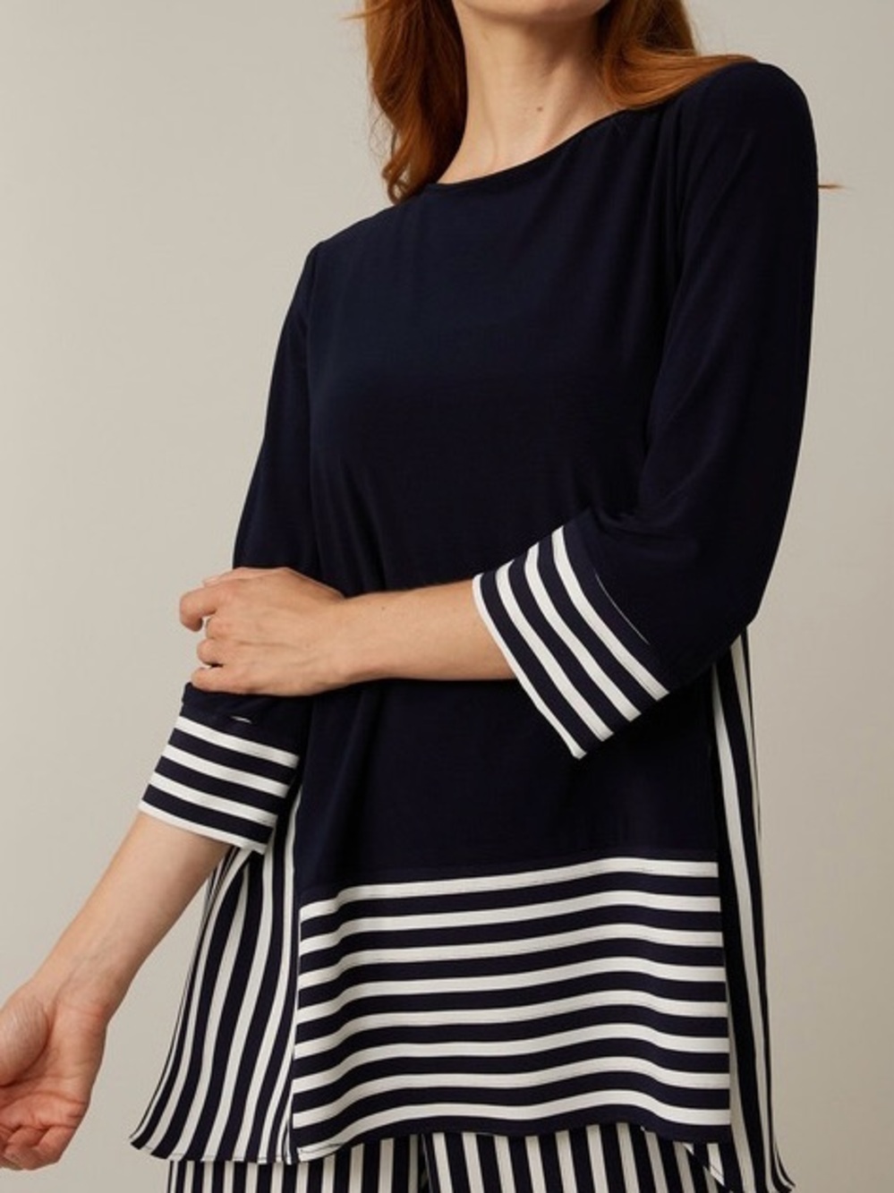 Joseph Ribkoff Midnight Blue Stripe High-Low Tunic Top • Size 10 • Style 221180